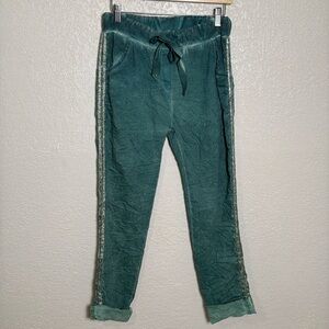 I Love Linen Women's OS Teal Capri Roll-Up Pants Side Stripes with Gold‎ NWT